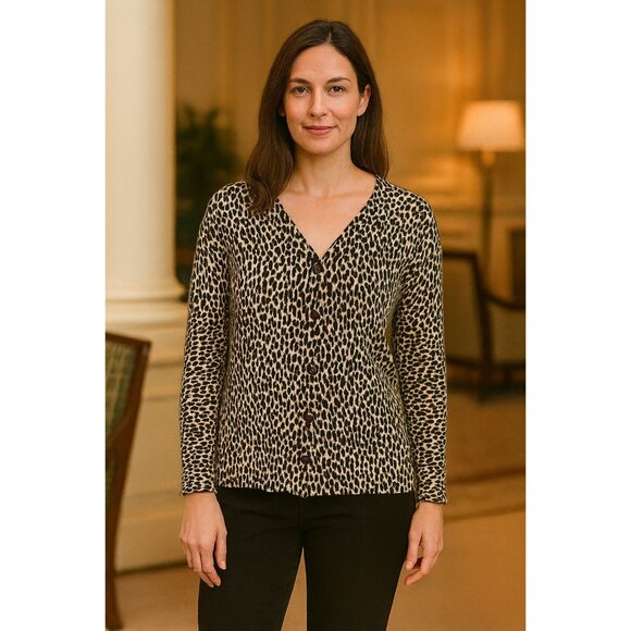 Vintage Allison Daley  Cardigan Sweater S Leopard Print Y2K Retro Glam Mob Wife - Picture 1 of 7